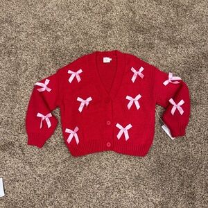 Women’s Luna Ivy Cardigan Sweater~Red With Pink Bows~Size Small